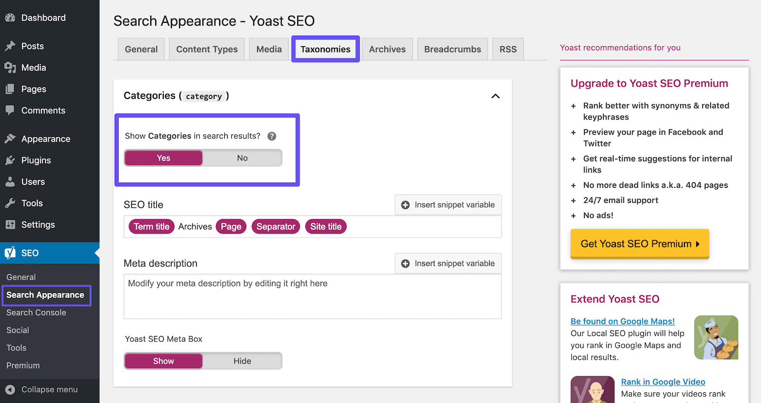 L'impostazione di Yoast SEO Mostra le categorie nei risultati di ricerca