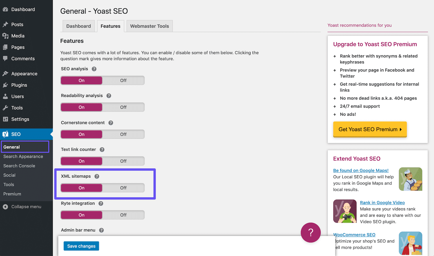 Le réglage des sitemaps XML de Yoast SEO.