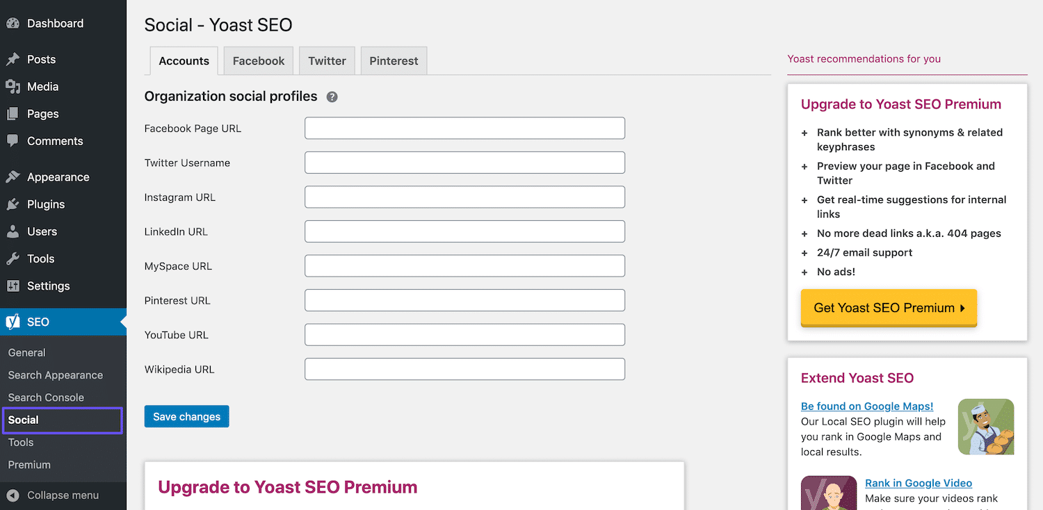 Yoast SEO's sociala inställningar.