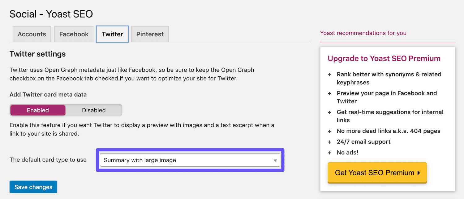 Cambiar el tipo de tarjeta predeterminada de Twitter con Yoast SEO.