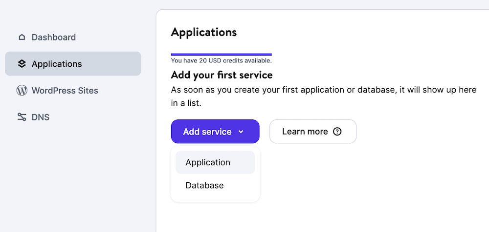 Ajouter un nouveau service en utilisant le bouton correspondant dans l'écran Applications de Kinsta.