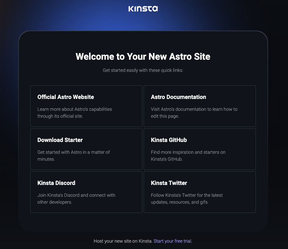 Página de boas-vindas da Kinsta após a instalação bem-sucedida do Astro.
