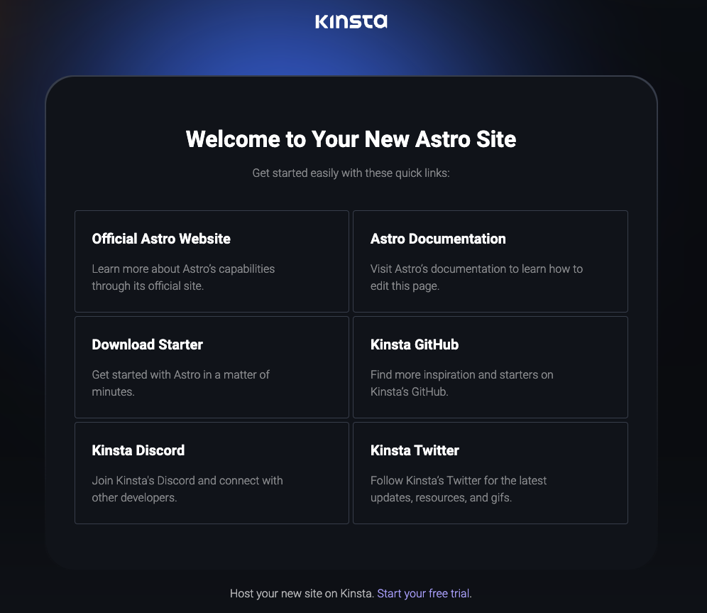 Kinstas velkomstside efter vellykket installation af Astro.