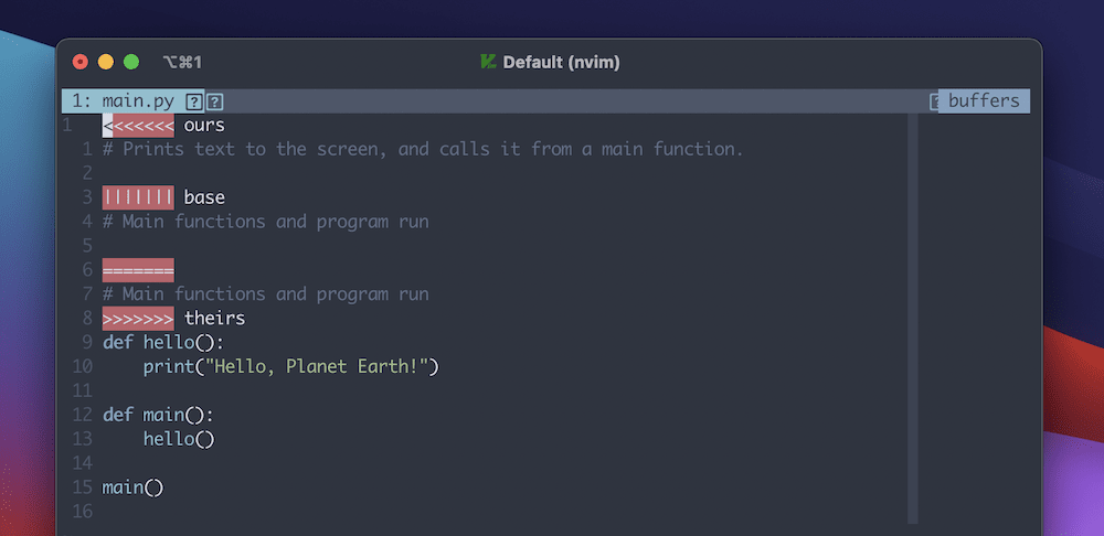 A code editor that shows the results of running a git checkout --conflict command. It highlights areas of code in red and uses symbols to denote where there’s a change that prevents a commit to take place.