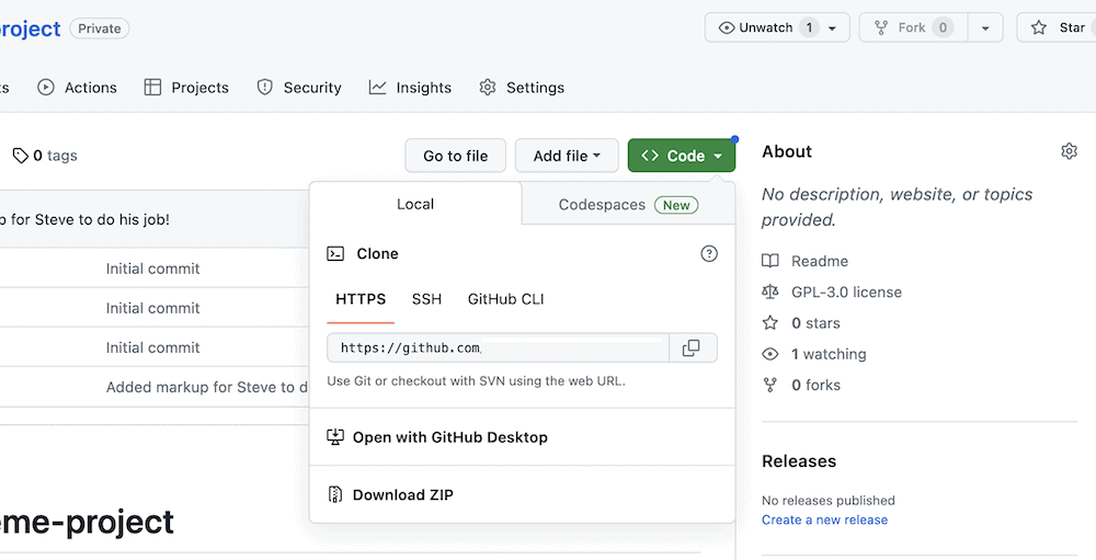 Een deel van een repo binnen Github. Het hoofdgedeelte van de afbeelding toont het groene Code uitklapmenu, compleet met de HTTPS URL voor de repo zelf, en opties om een ZIP-bestand van de repo te downloaden, en om het te openen met GitHub Desktop.