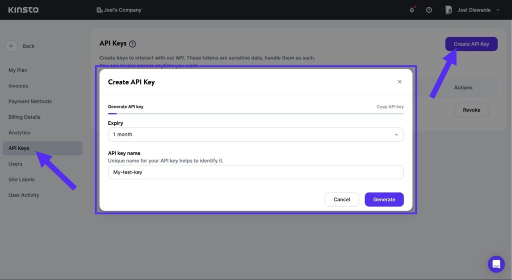 Create an API key in the MyKinsta dashboard