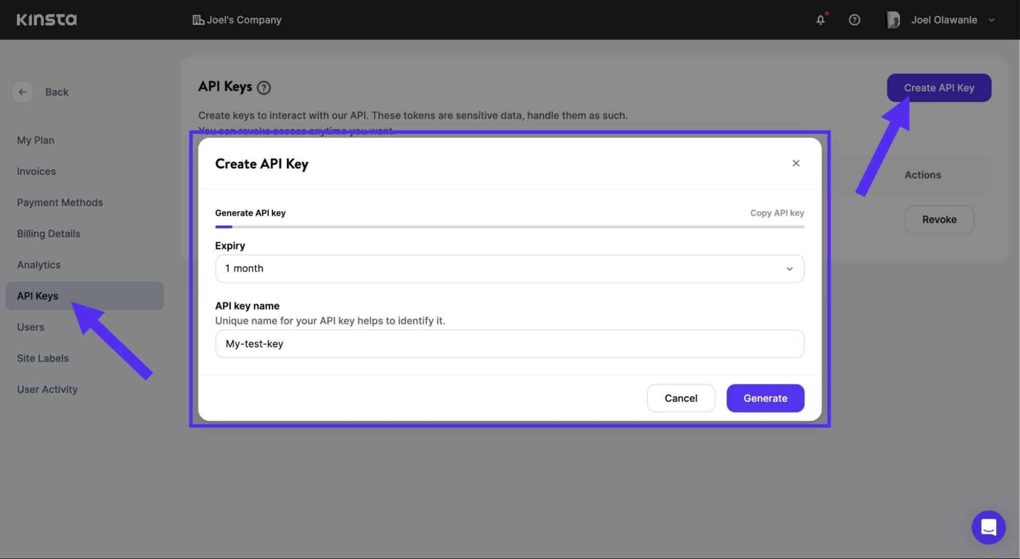 Créez une clé API sur MyKinsta.