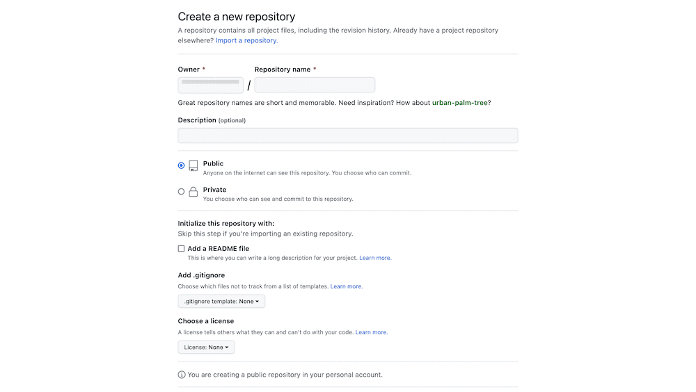 The Create a new repository screen within GitHub. There are a number of options here, such as naming an owner, setting a repository name, making the repo private or public, and initialization options. There are settings for readme and .gitignore files, and the option to choose a suitable license.