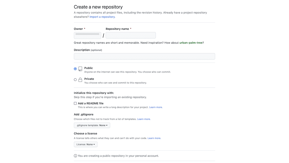 Het Create a new repository scherm binnen GitHub. Er zijn een aantal opties hier, zoals het benoemen van een eigenaar, het instellen van een repository naam, de repo privé of openbaar maken, en initialisatie opties. Er zijn instellingen voor readme en .gitignore bestanden, en de optie om een geschikte licentie te kiezen.