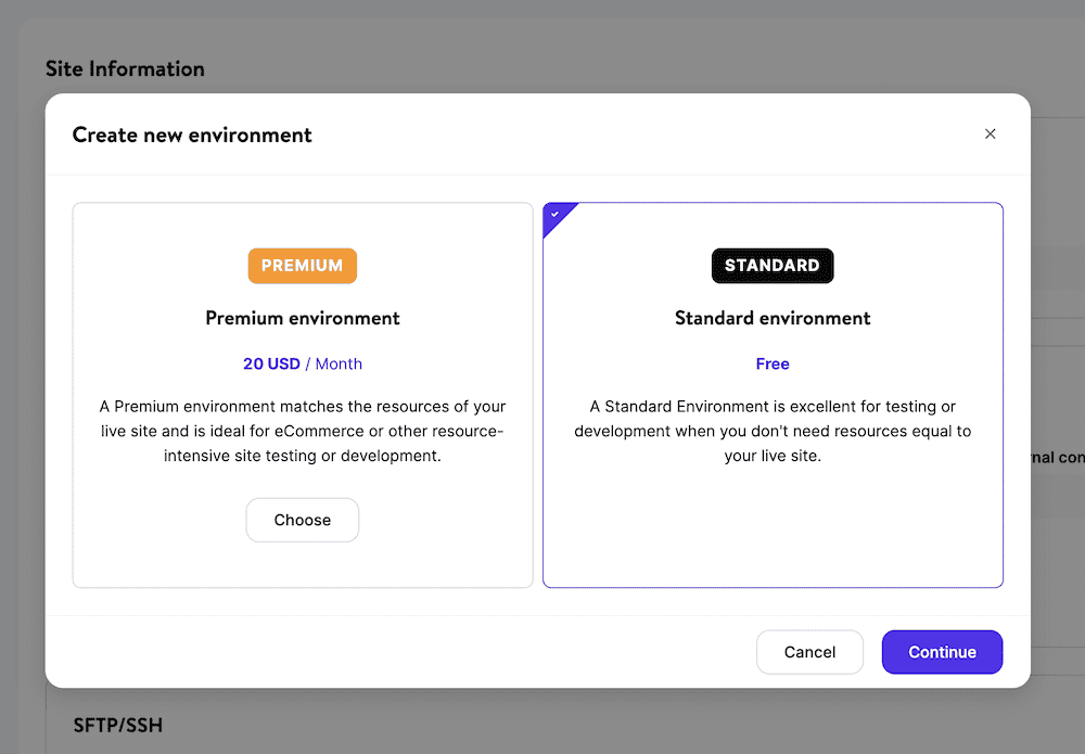 A portion of the MyKinsta dashboard showing the Create new environment modal. It shows two options for both premium and standard environments, complete with a description. At the bottom are two buttons to Cancel and Continue.