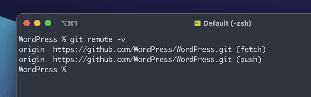 Una piccola porzione di una finestra di Terminale che mostra l'output di un comando git remoto. Ci sono due URL con riferimenti a fetch e push e un prompt per inserire altri comandi.