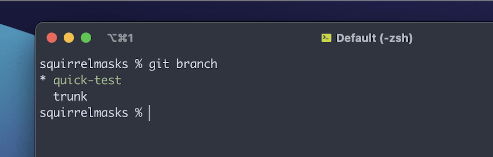A small portion of a Terminal window that shows the output of a git branch command. There are two branches – quick-test and trunk – along with a prompt once the return is complete.