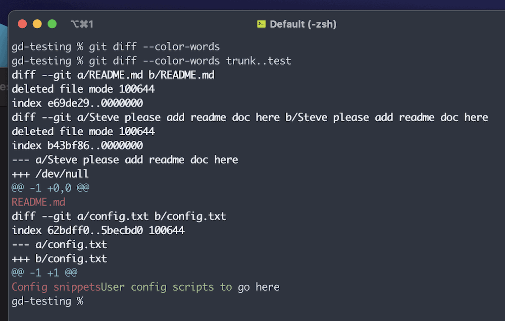 Executando o comando git diff --color-words e visualizando a saída no Terminal.