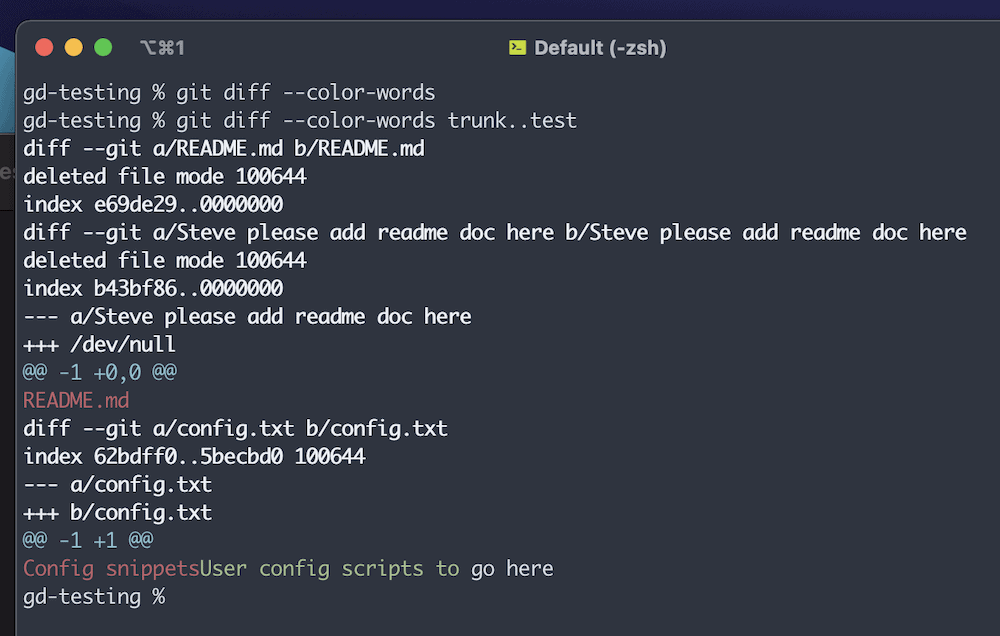 A Terminal window showing the lengthy output of a git diff request, complete with color references for words. It shows which files are being compared, explicit references to changes and deletion between files, and the changes themselves from the files. Each has color coding to help differentiate them from the rest of the text.