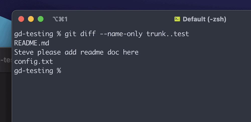 Una parte di una finestra del terminale che mostra come eseguire un comando git diff --name-only. Restituisce un elenco di soli nomi di file, come da comando.