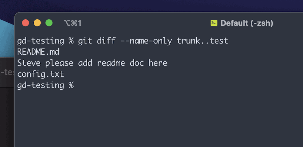 Exécution d'une commande git diff --name-only dans le terminal.