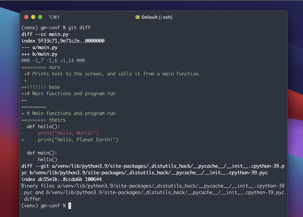 A Terminal window that shows the output of a git diff command. It shows details of the changes in green and red text, along with more details of the differences with file names within the repository.