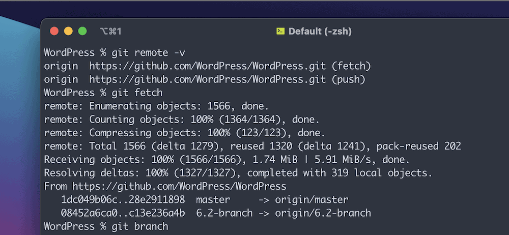 A portion of a Terminal app that shows the output from a git remote command – two URLS. There is also a git fetch that lists completed tasks and percentages along with the URL where the fetch took place.