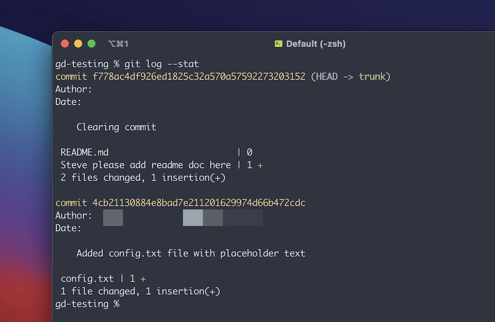 A Terminal window showing the output of a git log --stat command. It shows two commits, with the hash highlighted in gold, the author, date of commit, the commit message, and both the number of files changed and inserted.