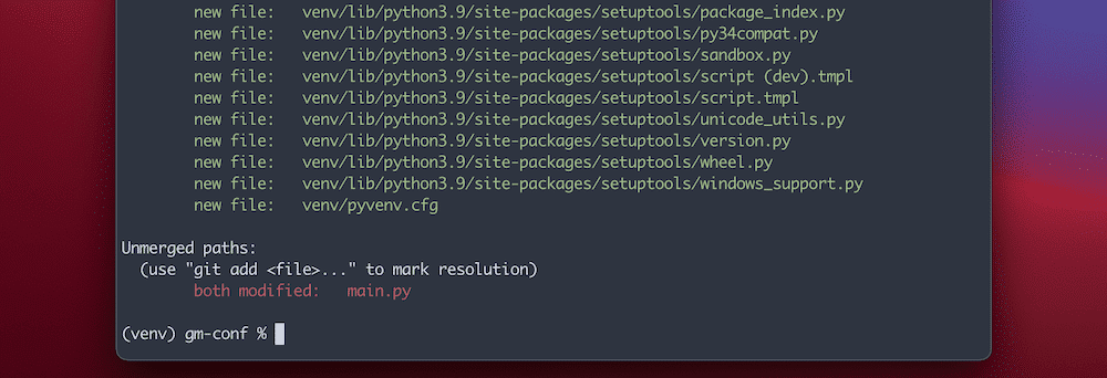 A Terminal window showing the result of a git status command. It shows a list of files in green, with instructions to resolve unmerged paths.