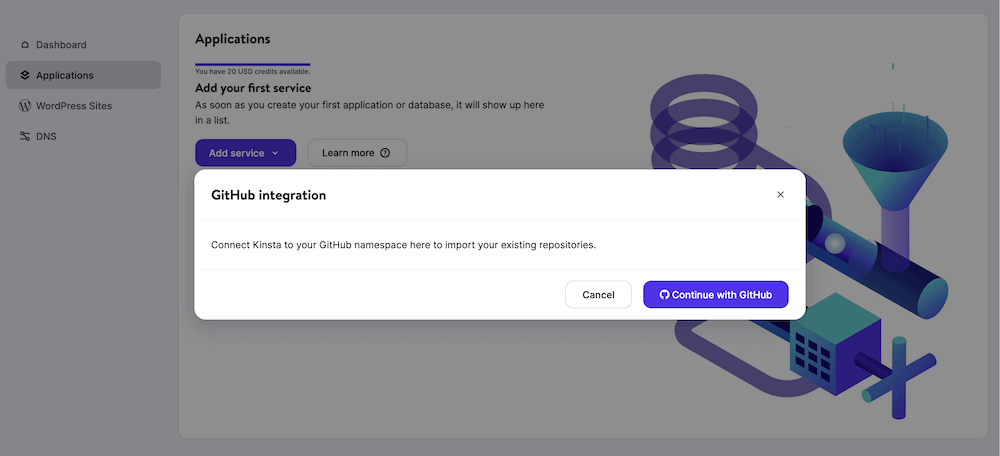 La página de Aplicaciones de MyKinsta muestra un diálogo emergente para integrarse con GitHub. Hay una breve descripción de lo que hace, y botones tanto para Cancelar la integración o Continuar con GitHub.