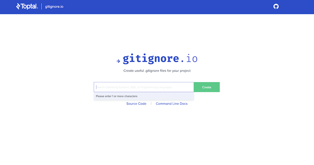 Die GitIgnore Website von Toptal. Sie ist weiß und hat oben eine blaue Symbolleiste. In der Mitte befindet sich eine Suchleiste mit einer grünen Bestätigungsschaltfläche, um nach Elementen zu suchen, und einem blauen Titel mit der Aufschrift "gitignore.io".
