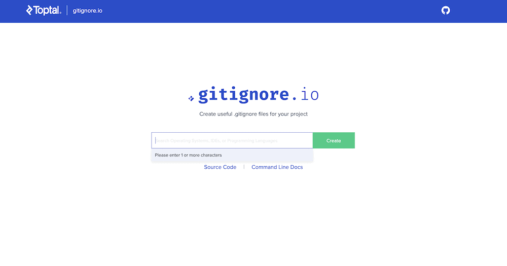 Toptal's GitIgnore website. Het is wit, met een blauwe werkbalk bovenaan. In het midden is er een zoekbalk met een groene bevestig knop om naar elementen te zoeken, en een blauwe titel die zegt,