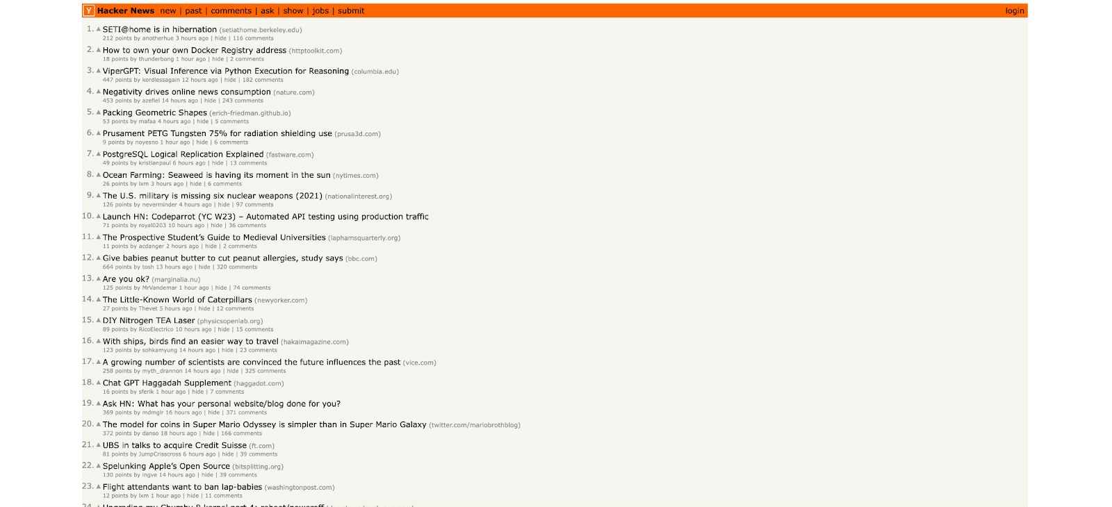 Homepage di Hacker News