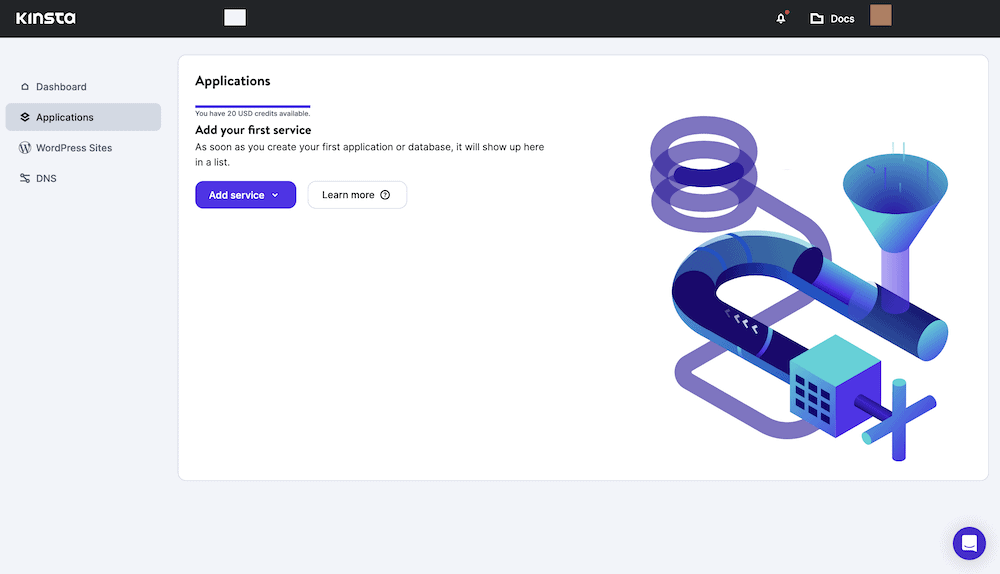 The MyKinsta dashboard, showing the Applications page. There’s a purple graphic of funnels and tubes, and a small section showing an Add service button in purple, and a Learn more button in white. There are also brief instructions on what it means to add your first service.