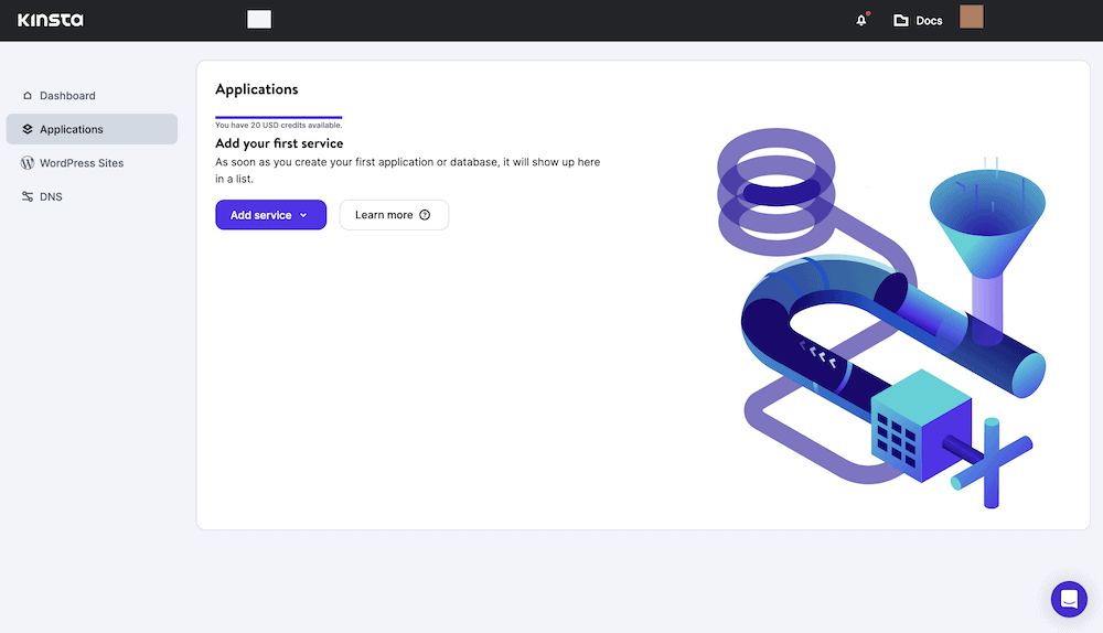 El panel de MyKinsta, mostrando la página de Aplicaciones. Hay un gráfico púrpura de embudos y tubos, y una pequeña sección que muestra un botón Añadir servicio en púrpura, y un botón Más información en blanco. También hay unas breves instrucciones sobre lo que significa añadir tu primer servicio.