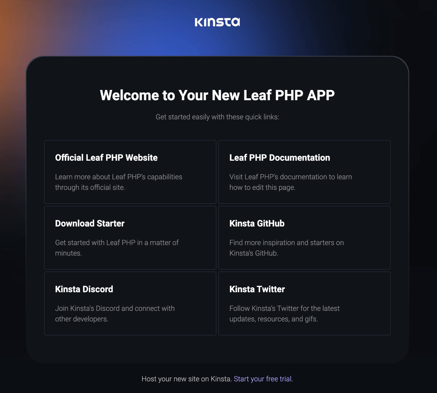 Kinsta-velkomstside efter vellykket installation af Leaf PHP.