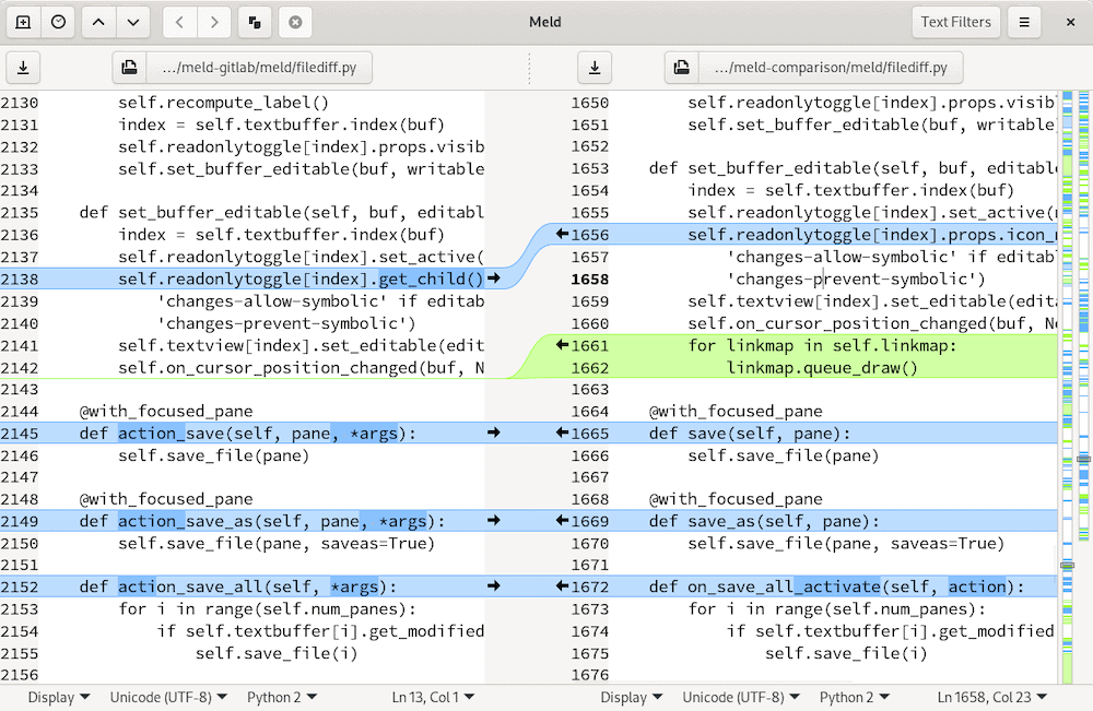 The Meld app interface showing side-by-side code, complete with highlighting in blue and green to denote changes between each file.