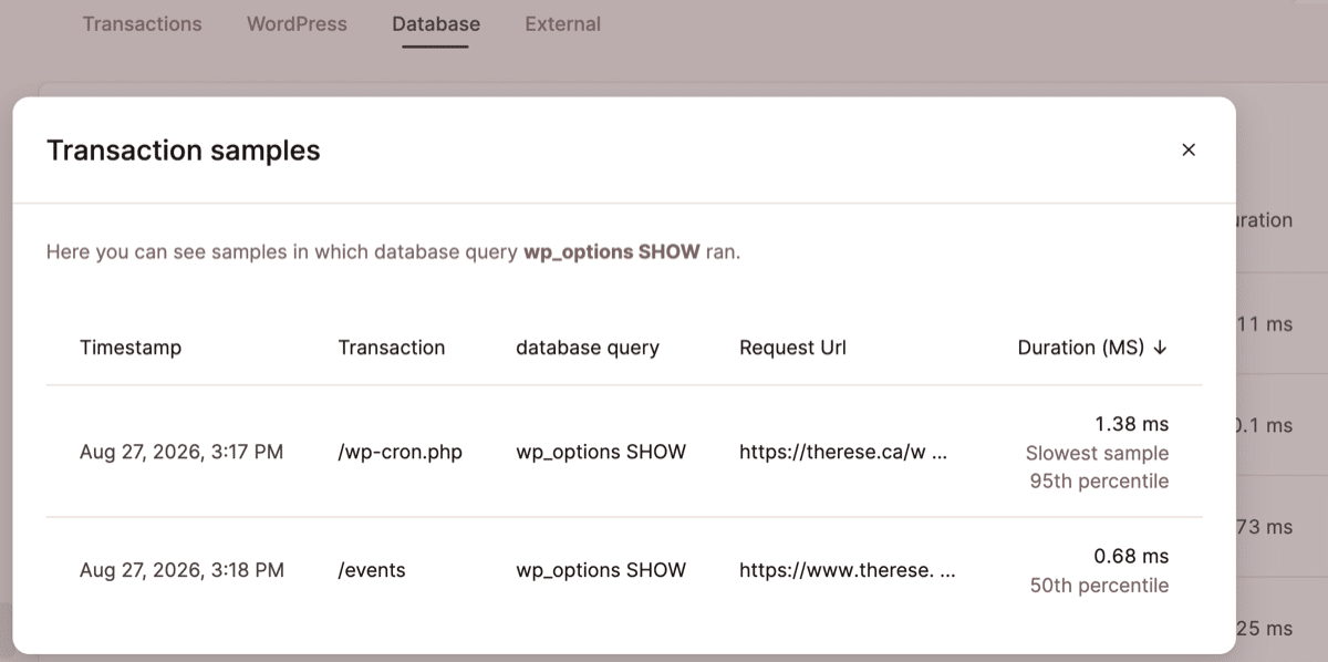 A screenshot showing database query transaction samples in MyKinsta's APM tool.
