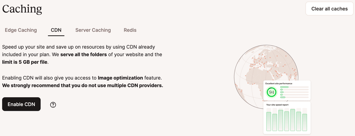 A screenshot of the CDN caching page in MyKinsta before being enabled.