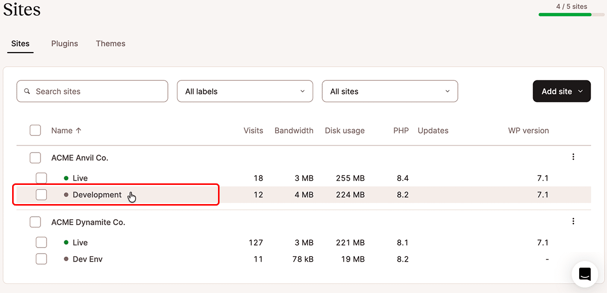 A screenshot showing the Sites list in MyKinsta with a staging environment highlighted.