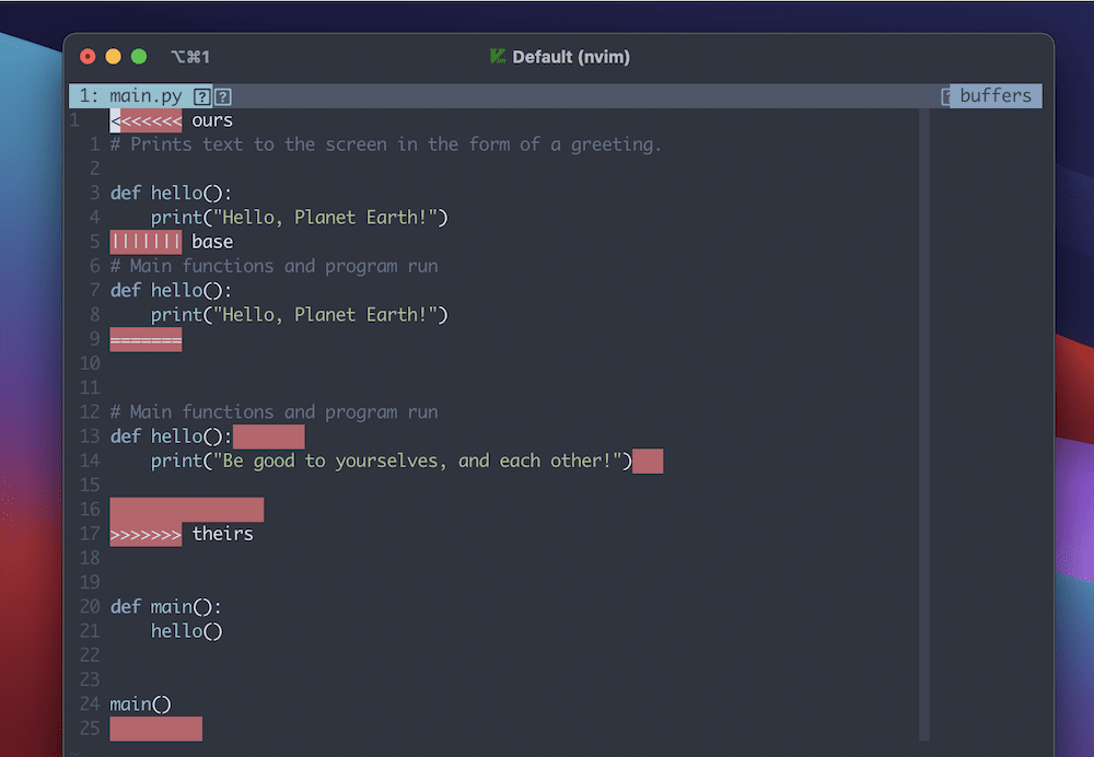 Un editor de código que muestra las diferencias entre dos archivos con conflictos merge. Cada área de diferencia utiliza símbolos para denotar el cambio, junto con resaltado en rojo para ellos.