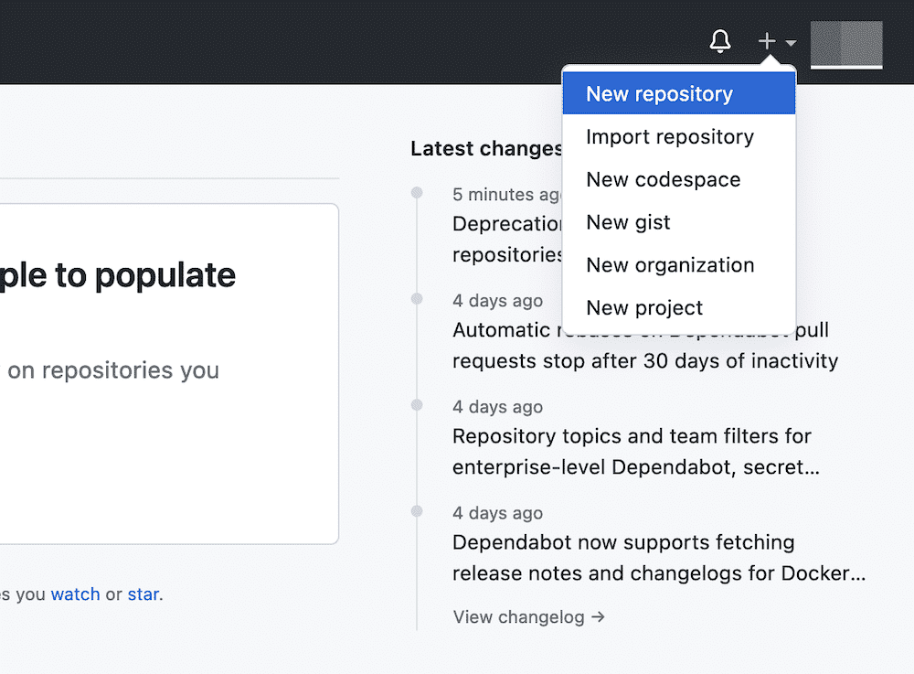Una parte dell'interfaccia di GitHub che mostra un elenco delle ultime modifiche apportate al repo GitHub. In alto è presente un menu a tendina con una serie di opzioni. L'opzione New repository è evidenziata in blu.