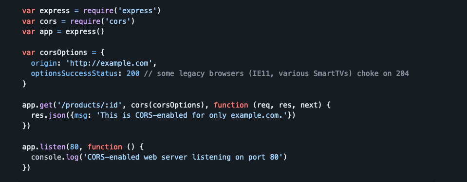 Un ejemplo de código CORS (configuración).