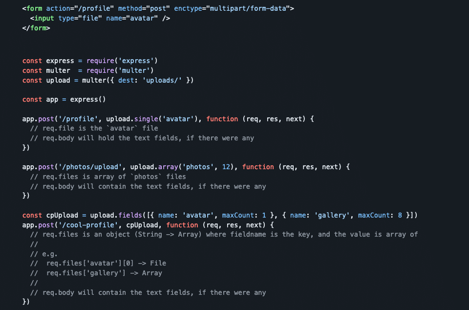 Screenshot of Multer code in a text editor.