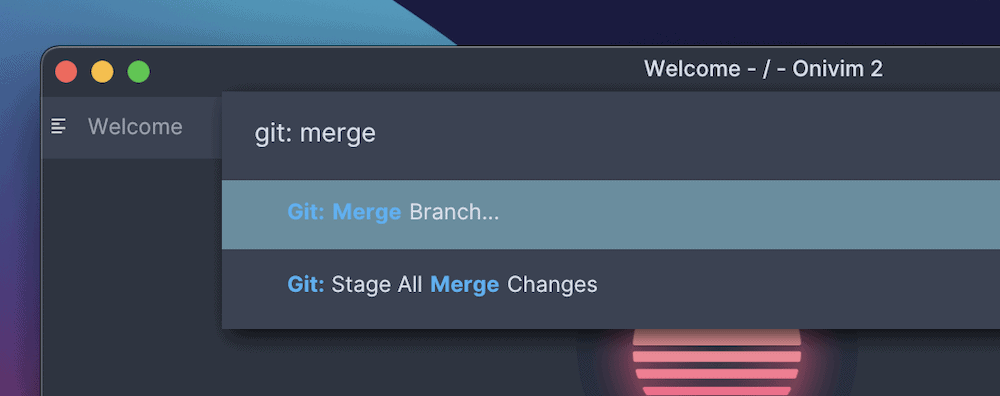 Accéder à la commande Git : Merge Branch à partir de la palette de commandes dans Onivim2.