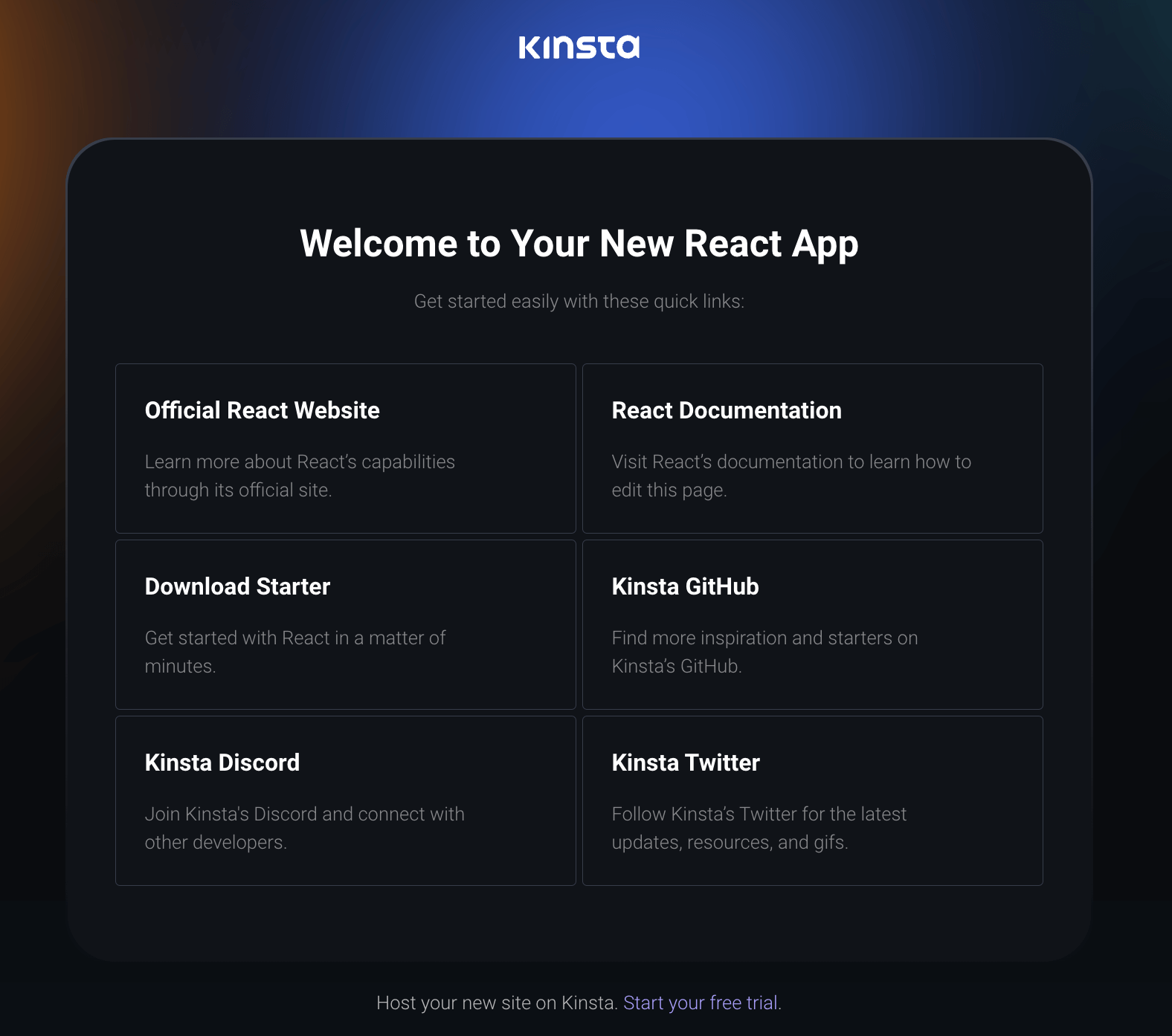 Kinsta’s välkomstsida efter en lyckad distribuering av React.