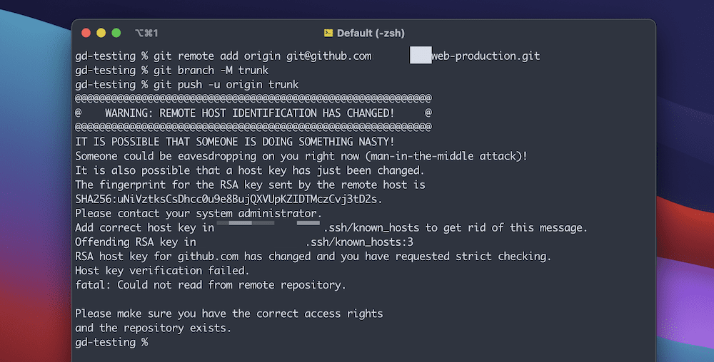 A Terminal window that has looked to run a git push command, and encountered an error. The title for this error reads, “Warning: Remote Host Identification Has Changed!” and offers a lot of information relating to the error. In short, it guides you to check the RSA fingerprint, contact your sysadmin, and add the correct host key to your ‘known hosts’ file.