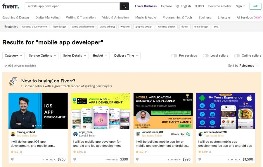 Zoeken naar een mobiele app developer op Fiverr