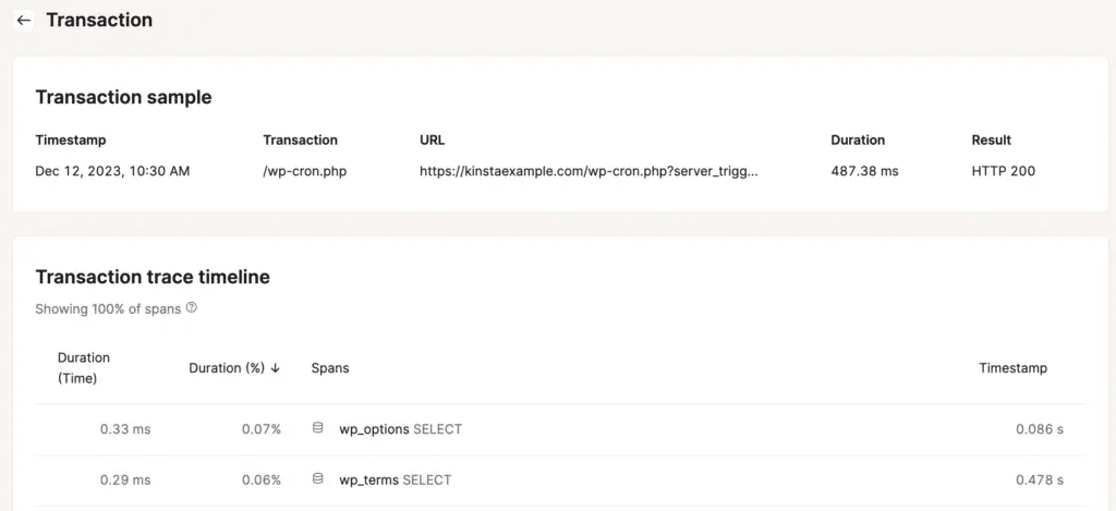 Screenshot showing a transaction trace timeline within MyKinsta's APM tool.