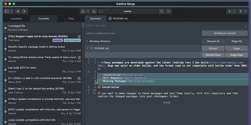 La interfaz Submline Merge, que muestra una lista de commits en la parte izquierda de la pantalla, junto con un resumen de los cambios y conflictos con un commit específico a la derecha.