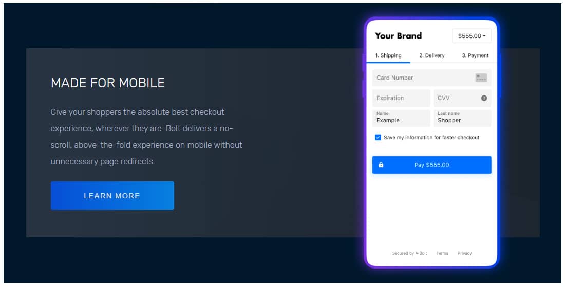 Você pode fazer checkouts para dispositivos móveis fáceis com o Bolt.