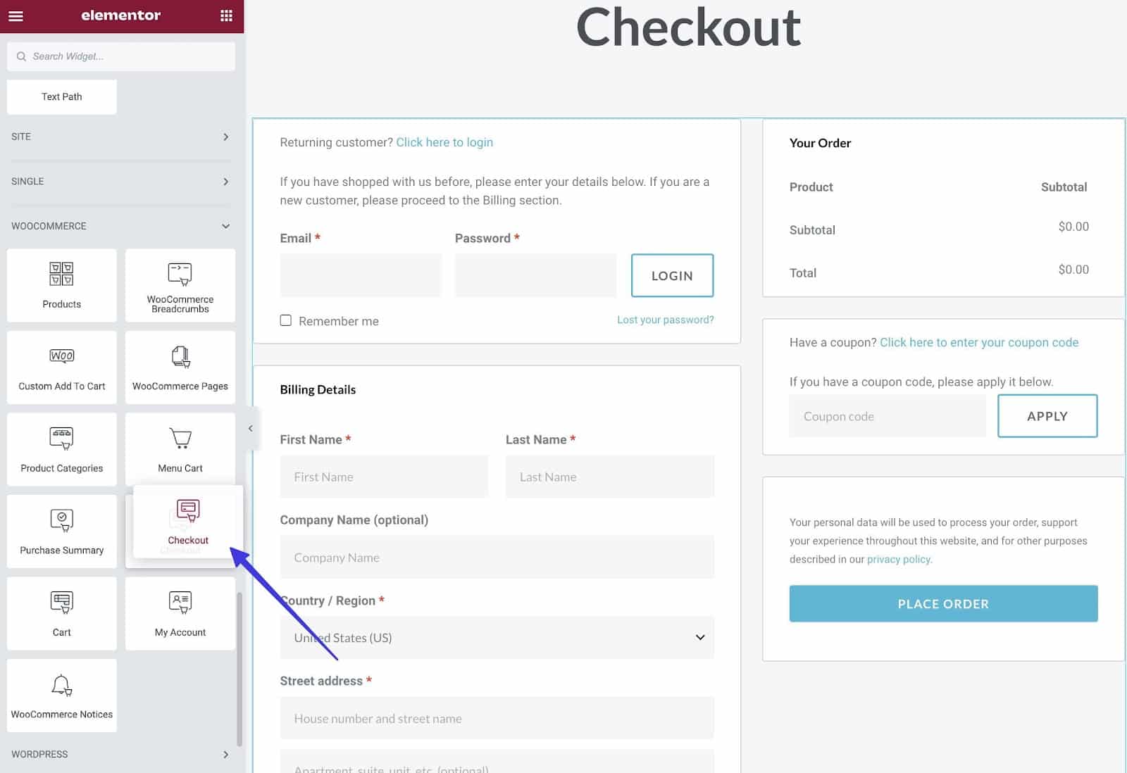 WooCommerce Checkout Widget » Elementor