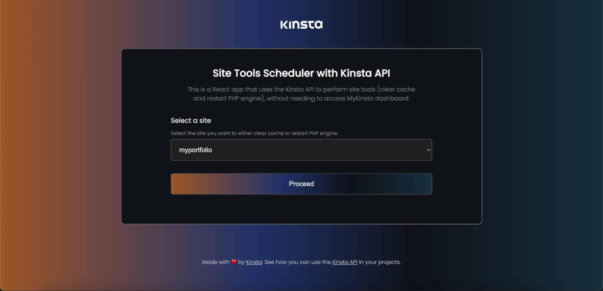 Custom React app voor het beheer van Kinsta Site Tools.