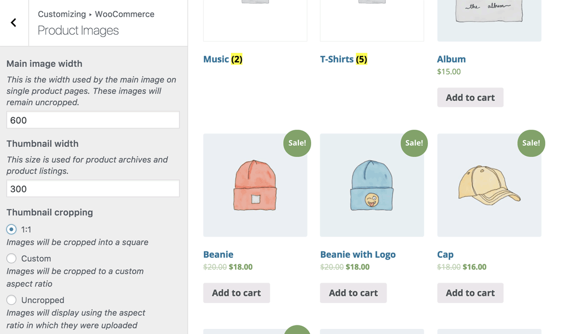 Personalizzazione delle immagini dei prodotti di WooCommerce attraverso il Customizer di WordPress