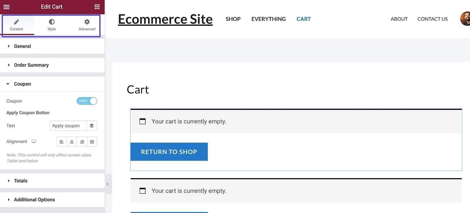 Puedes deshacerte del antiguo módulo Carrito de WooCommerce y editarlo todo, desde la configuración de los cupones hasta el estilo